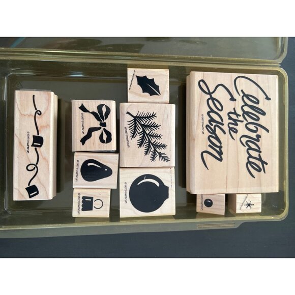 1997 Stampin' Up! Celebrate The Season Wood Mounted Rubber Stamp Set Vintage - Picture 2 of 3